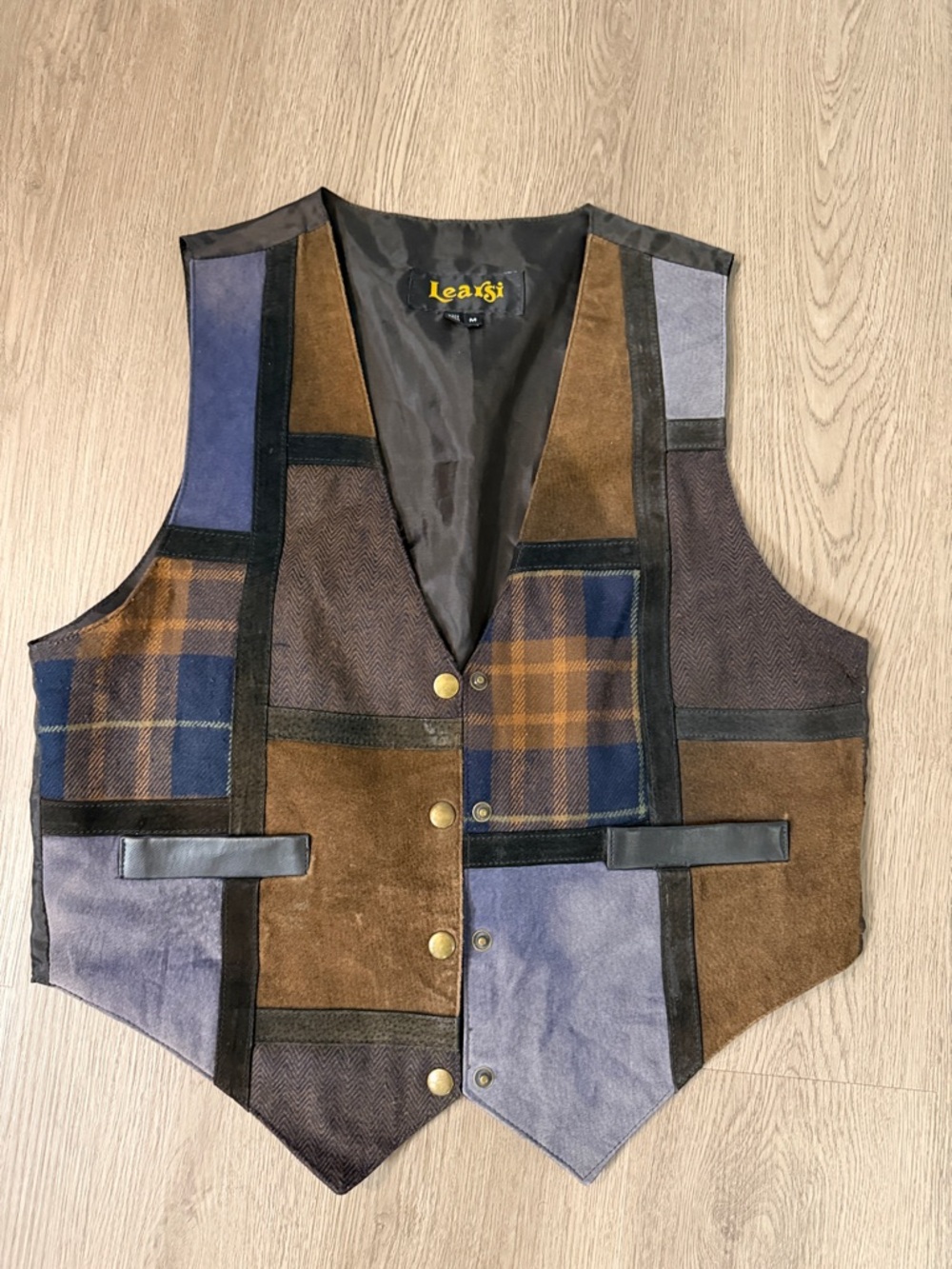 Learsi Patchwork Suede & Plaid Vest in Brown and Blue